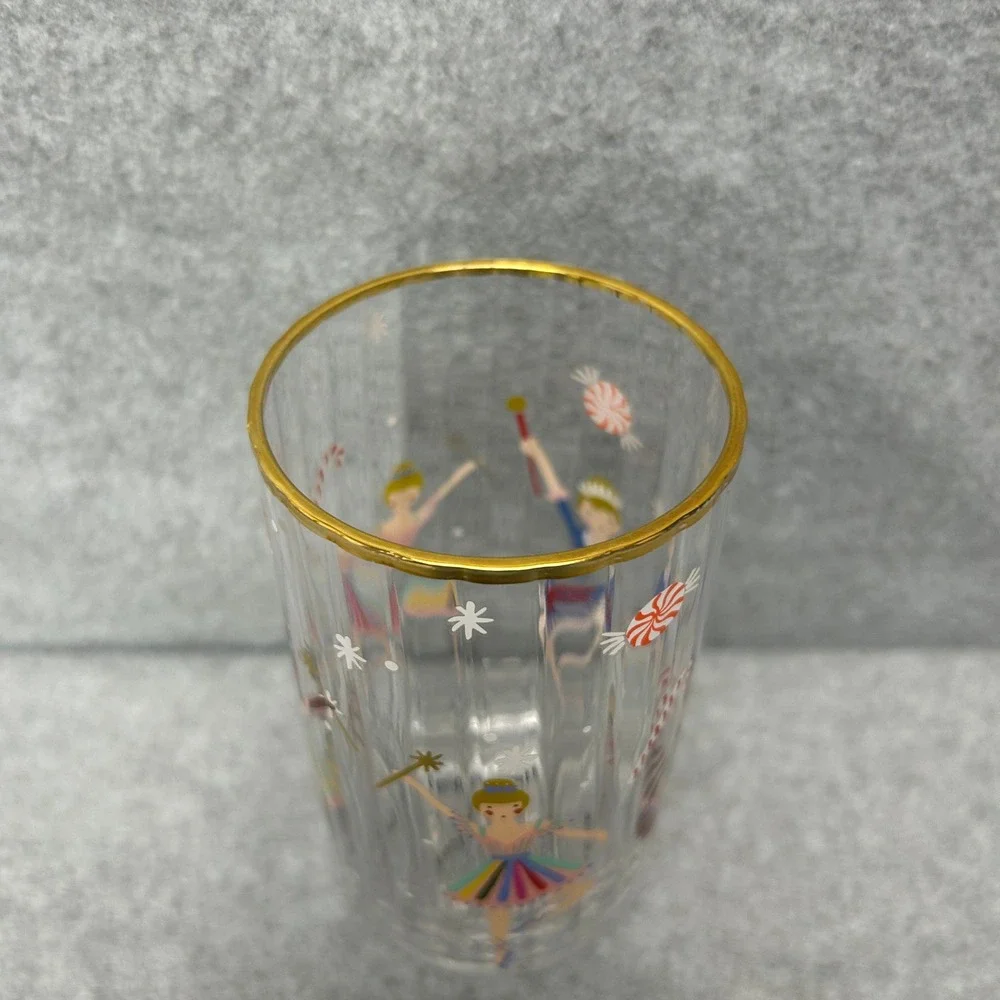Rifle Paper Co for Anthropologie Nutcracker Juice Glass Set of 4 Gold Rim Fluted